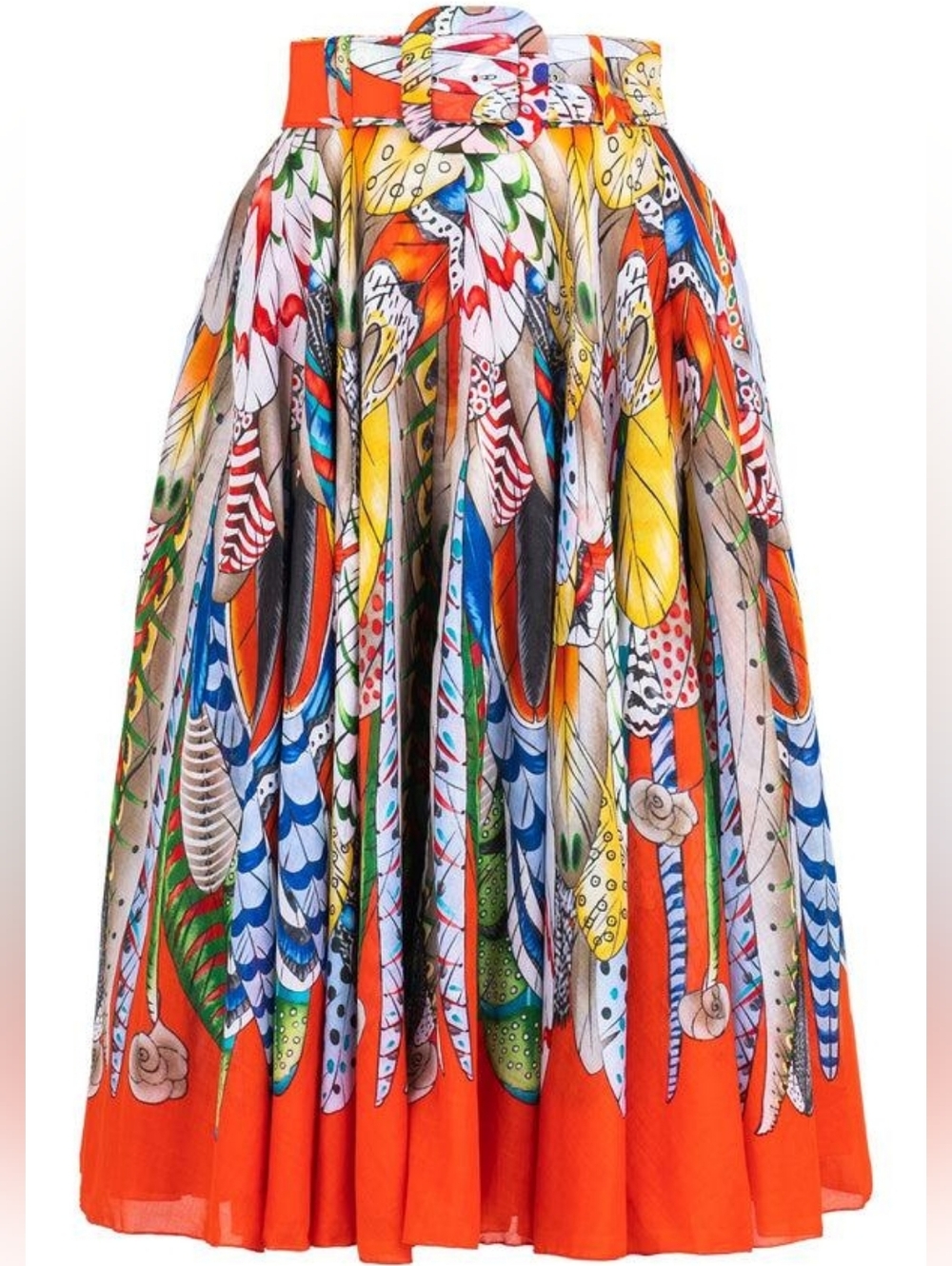 SAMANTHA SUNG Aster African Feather Bias Midi Skirt In Orange Musola NWT 4.